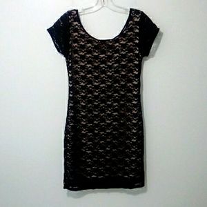 Lace lined bodycon floral scoop neck mini dress